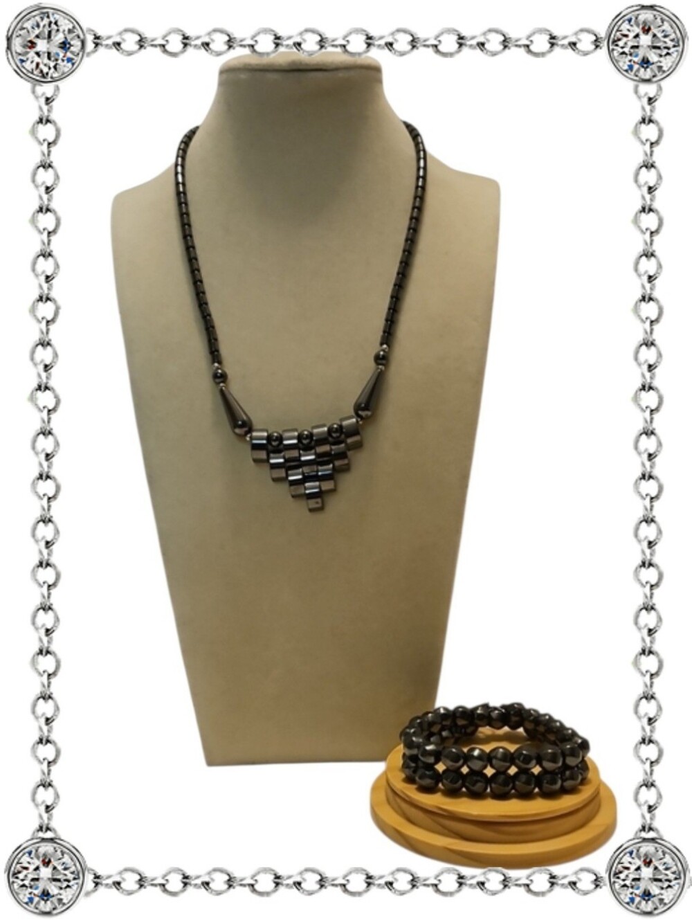 Hematite Tone Geometric Necklace & Bracelet Set